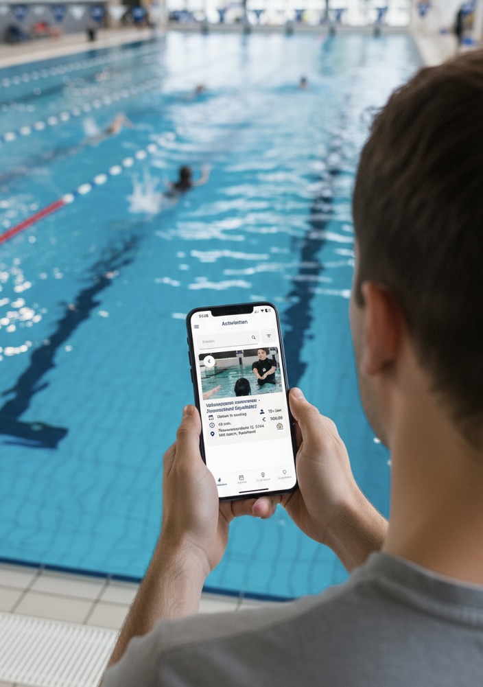 Jongen in het zwembad die kijkt naar activiteiten in de SBG app